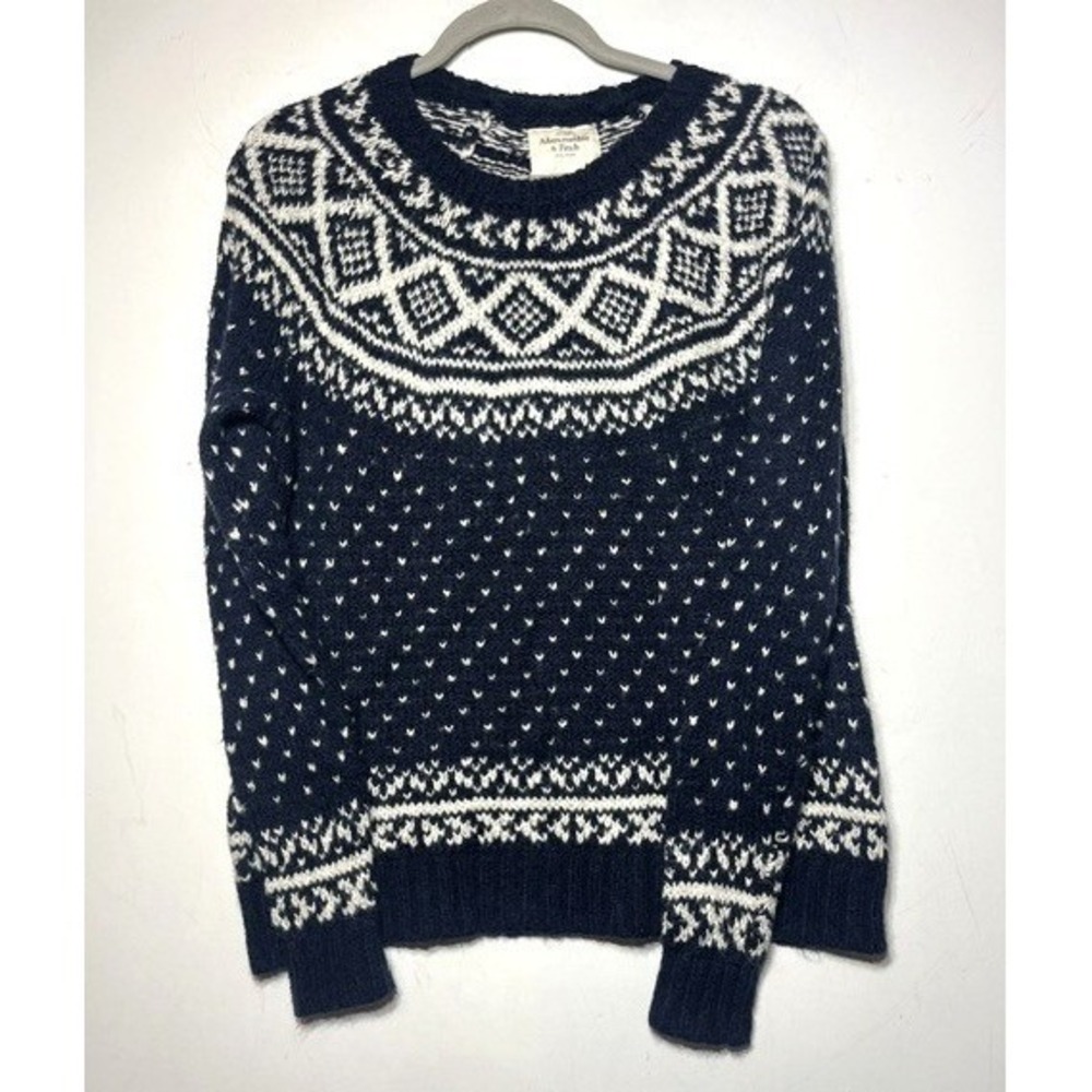 Abercrombie & Fitch Navy Blue White Fair Isle Knit Sweater Large Nordic Pullover